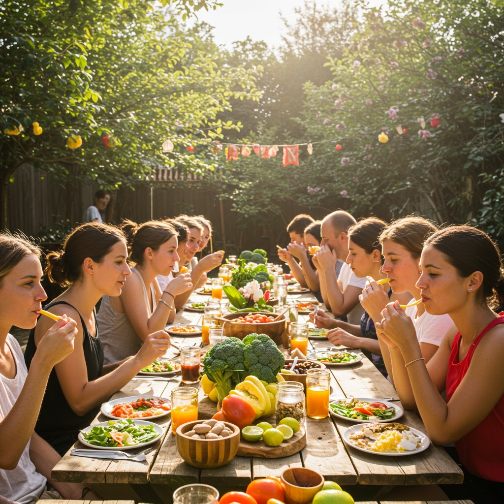 People enjoying a healthy meal outdoors.